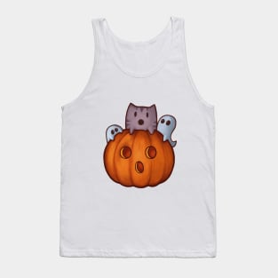 Cute cat and pumpkin with spooky ghosts Halloween Tank Top